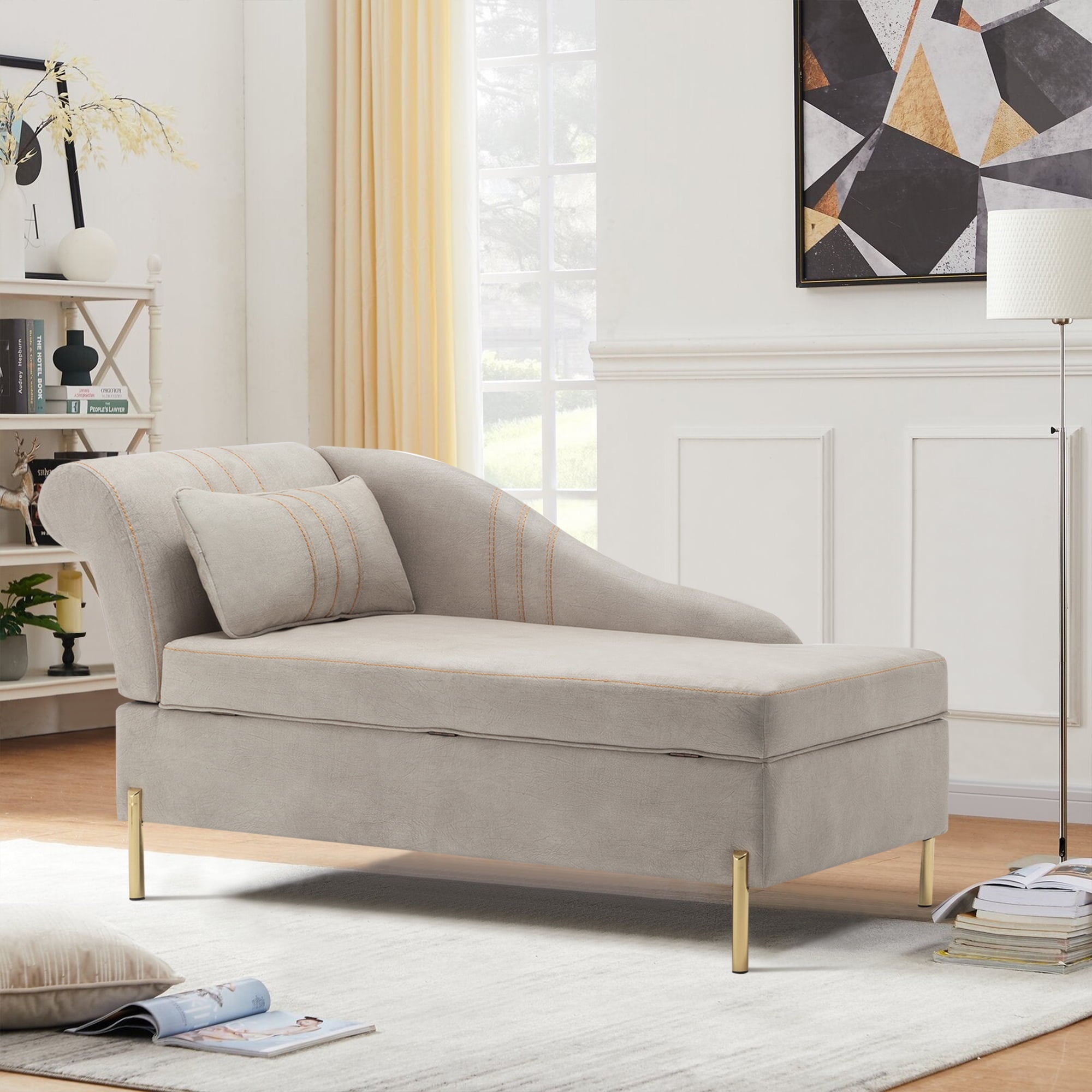 Andeworld Chaise Lounges Indoor Chair, Modern Upholstered Tufted Chaise Lounge Chair Indoor Faux Suede Sofa Recliner Couch for Bedroom Office Living Room Left Arm Facing Chaise Lounge（Khaki）