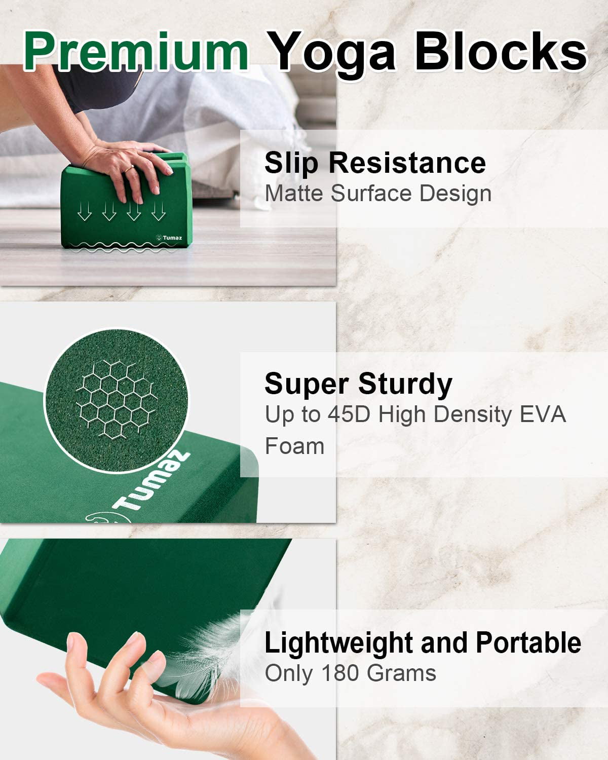 Tumaz Yoga Blocks 2 Pack with Strap, Lightweight Foam Yoga Blocks, Green