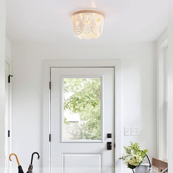 12.6 in. 3-Light Antique Rustic White Flush Mount Bohemia Wood Beaded Ceiling Light Mini Chandelier