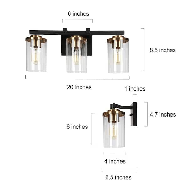 20 in. Modern 3-Light Black Vanity Light, Transitional Wall Light Straight Bar with Cylinder Clear Glass Shade