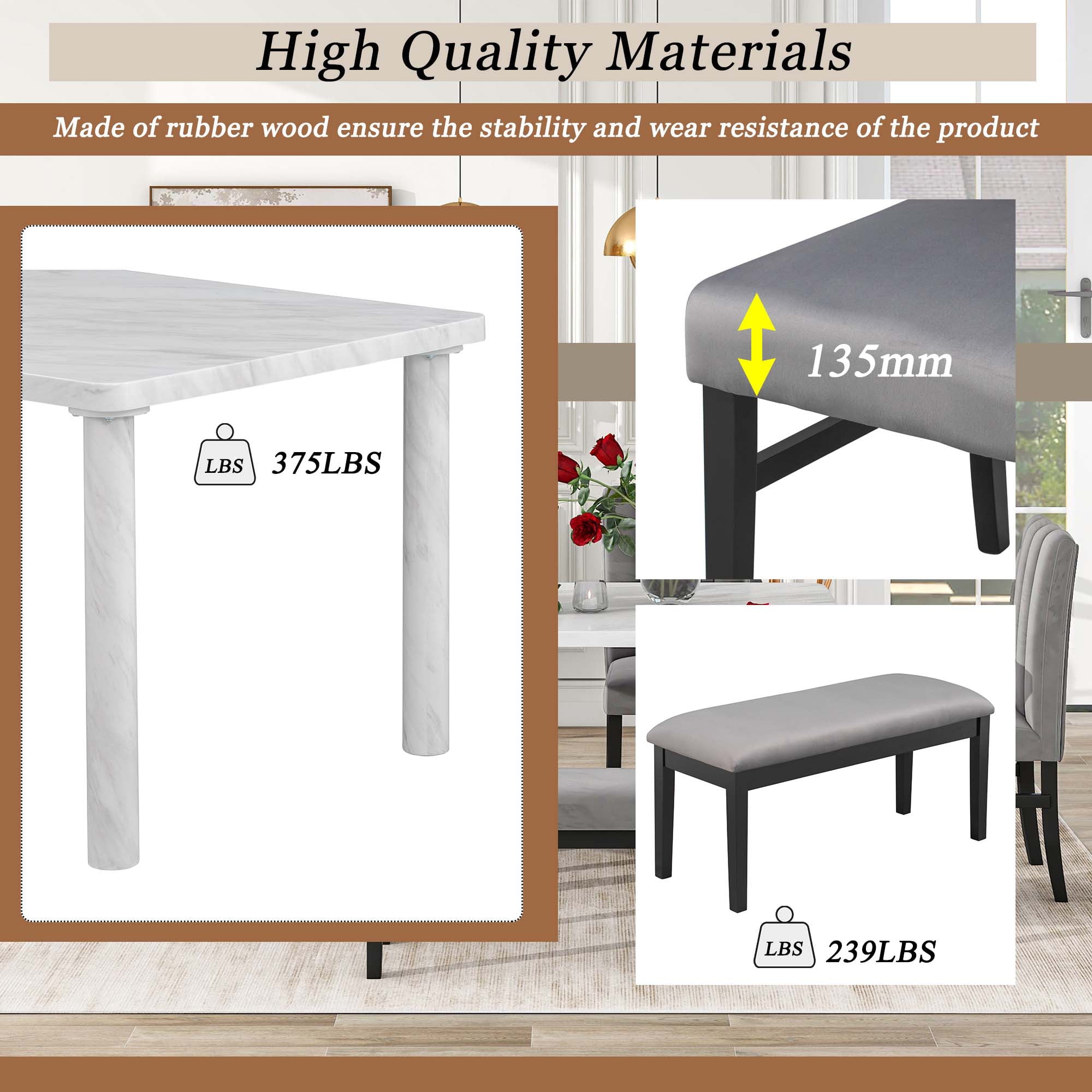 Set of 6 Marble Sticker Dining Table and 4 Velvet Upholstered Dining Chairs and Bench (White+Grey) Dimensions Table: 60