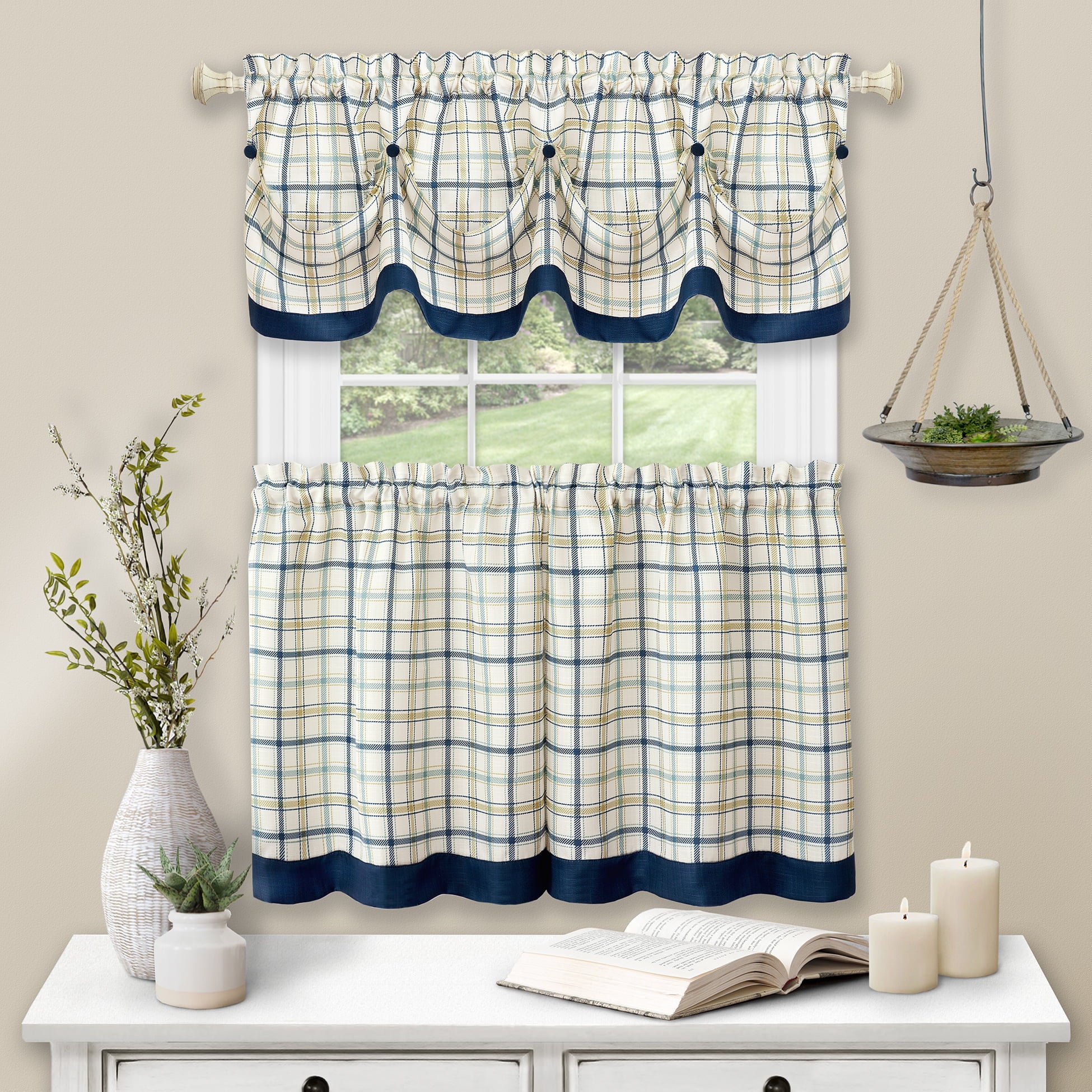 3-Piece Window Kitchen Curtain Set with Double Layer Plaid Gingham Fabric, Tier Pair Panels and Button Tab Top Valance, Navy, 24