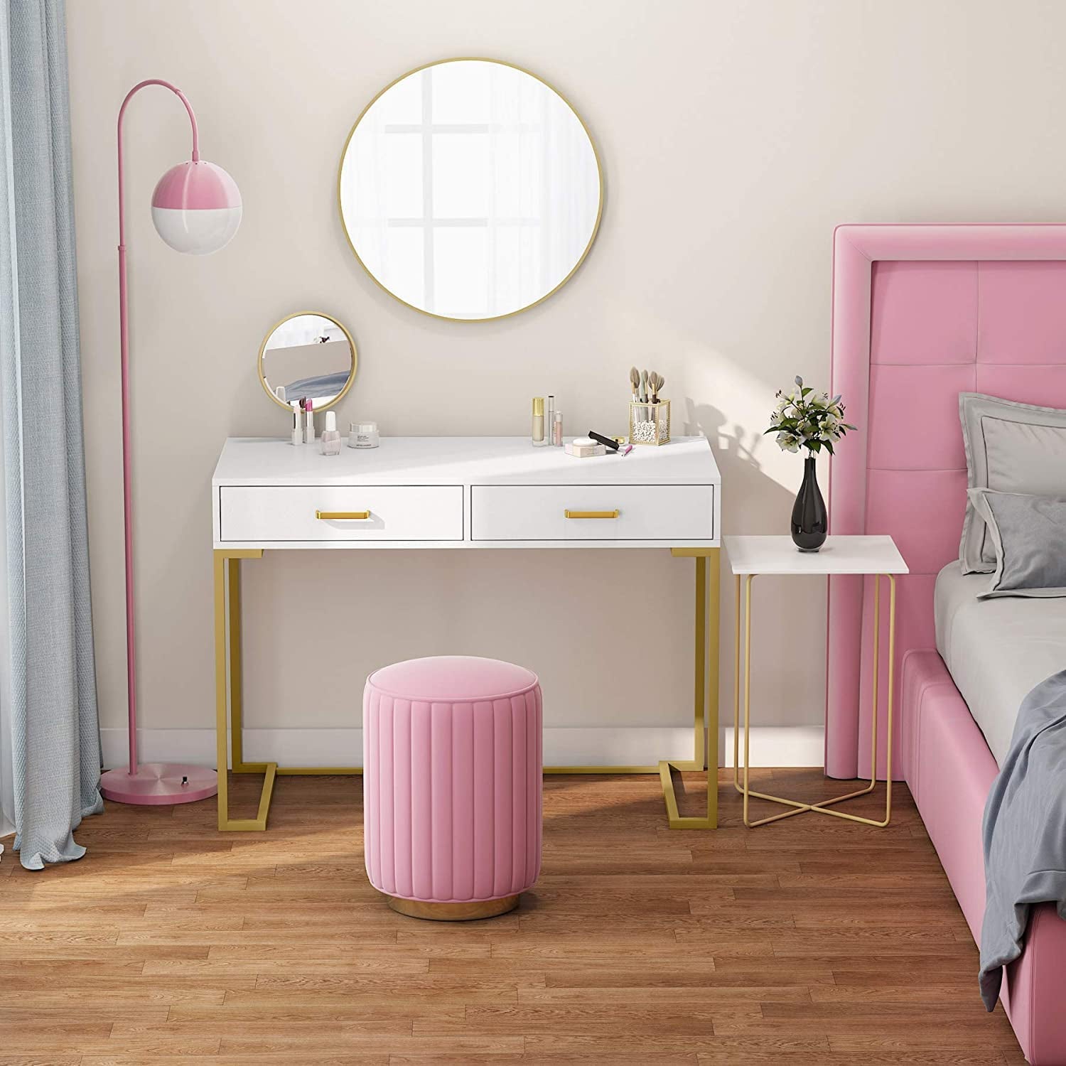 Computer Desk with Drawers, White and Gold Writing Desk with 2 Drawers, Simple and Modern (White, Gold)