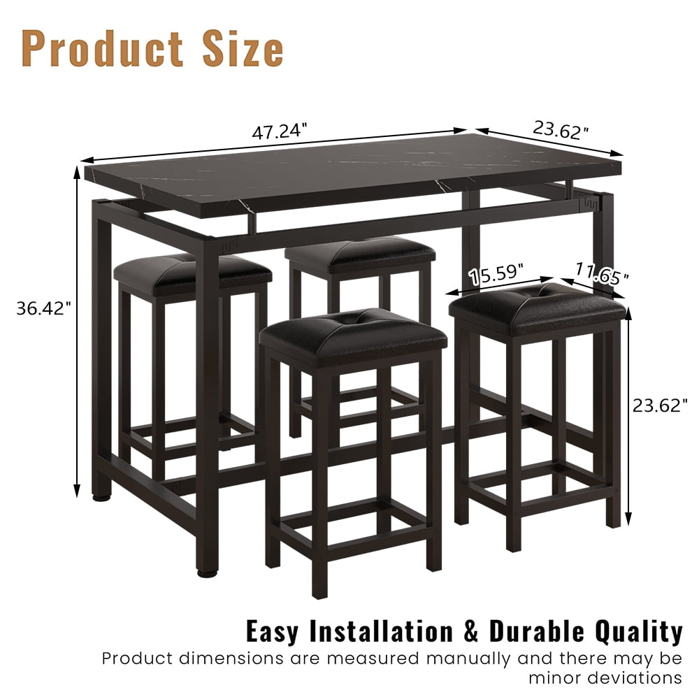 5 Piece Bar Table Set, Kitchen Counter Height Table with 4 Stools, Space Saving Pub Table Set for 4 Person with Metal Frame, Wood Dining Table & Chair Set for Breakfast Nook Pub Bistro, B945