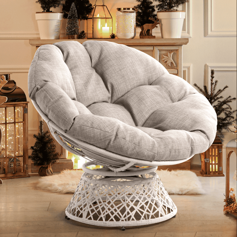 Aile 360 Swivel Comfy Papasan Chair with Fabric Cushion, Sturdy Metal Frame (Pure Pearl - White Frame)