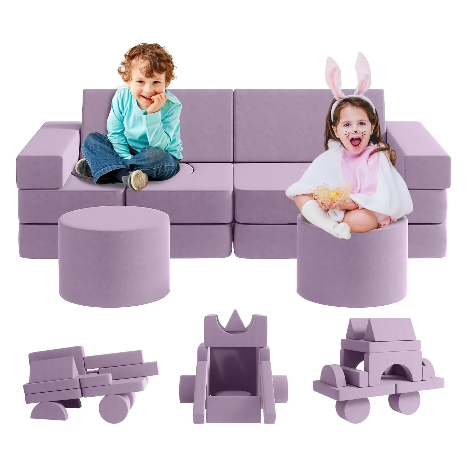 13Pcs Kids Couch, Wanan Toddler Couch Kids Sofa Couch, Kids Fold Out Couch for Playroom Bedroom, Modular Couch for Boys and Girls, Play Couch Sofa for Kids, Blue
