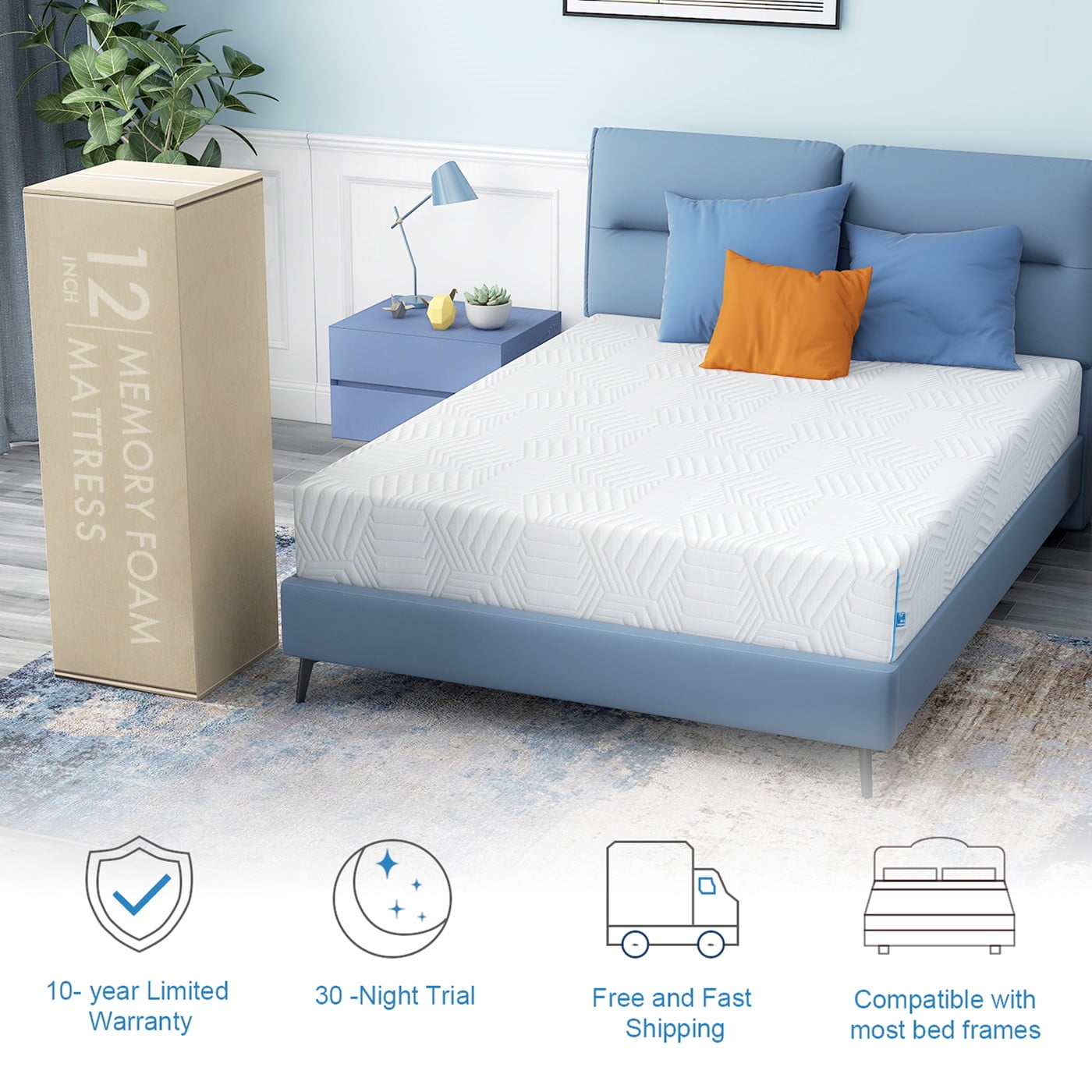 Mattress Bed in a Box, Memory Foam Mattress infused with Green Tea and Cooling Gel,12 inches, Made in USA