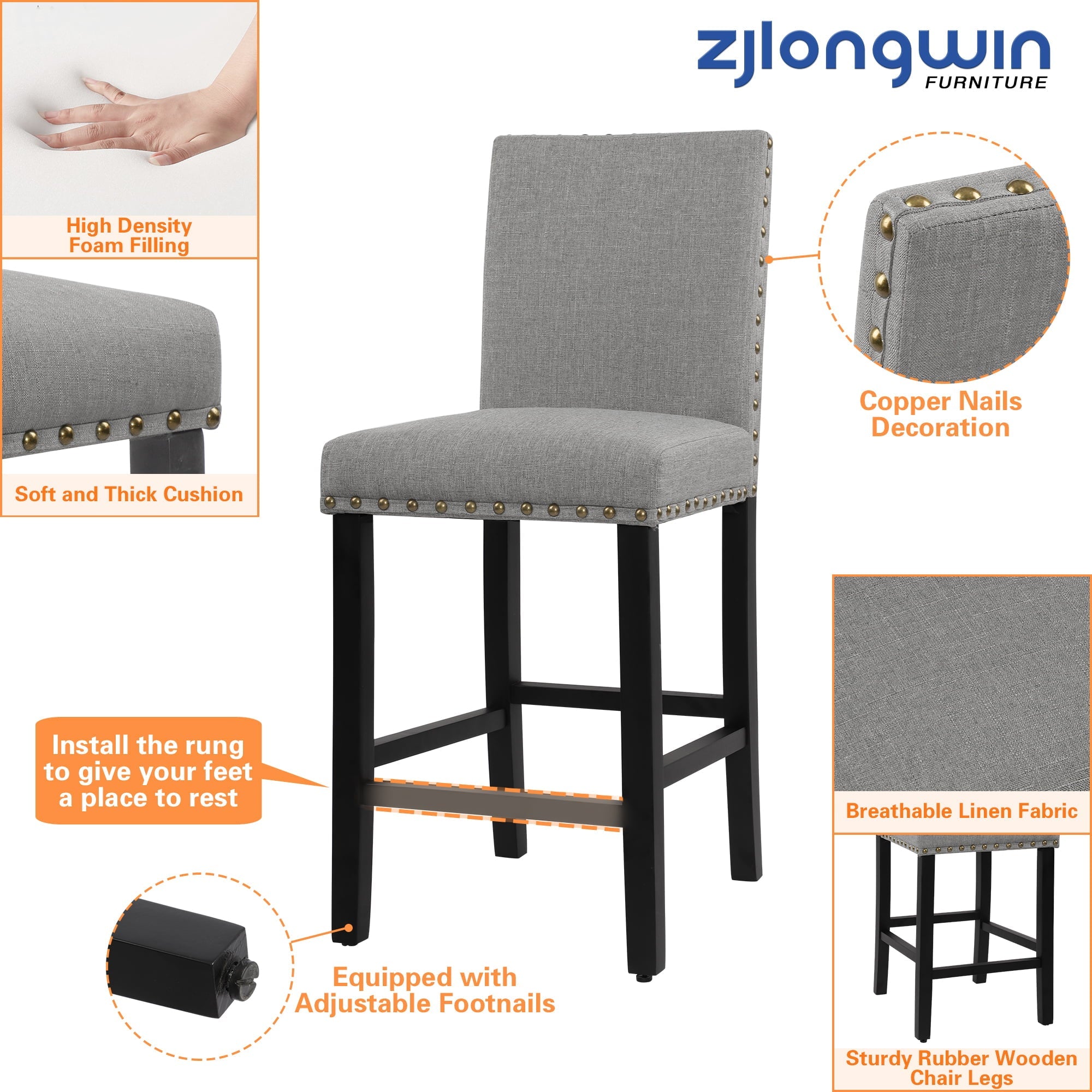 Counter Height Fabric Upholstered Wooden Chairs Barstools with Nailhead Trim in Gray, Set of 2