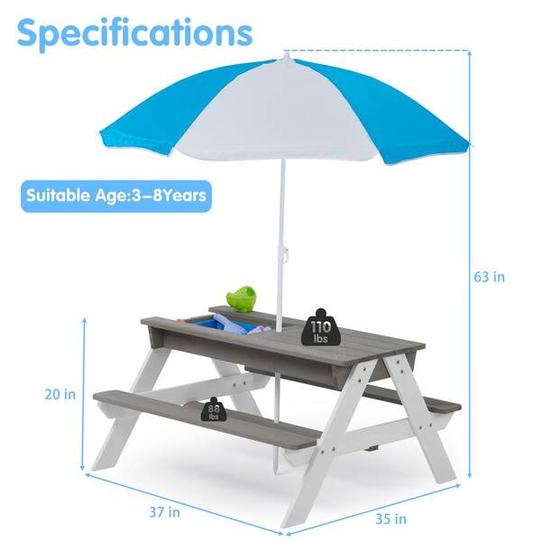 3 in. 1 37 in. Gray Kids Outdoor Wooden Picnic Table With Umbrella, Convertible Sand and Wate