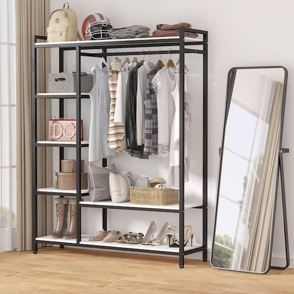 Billie White & Black Armoire w/ 6-Storage Shelves & Beach Industrial Entryway Hall Trees 70.9 in. x 47.3 in. x 15.7 in.