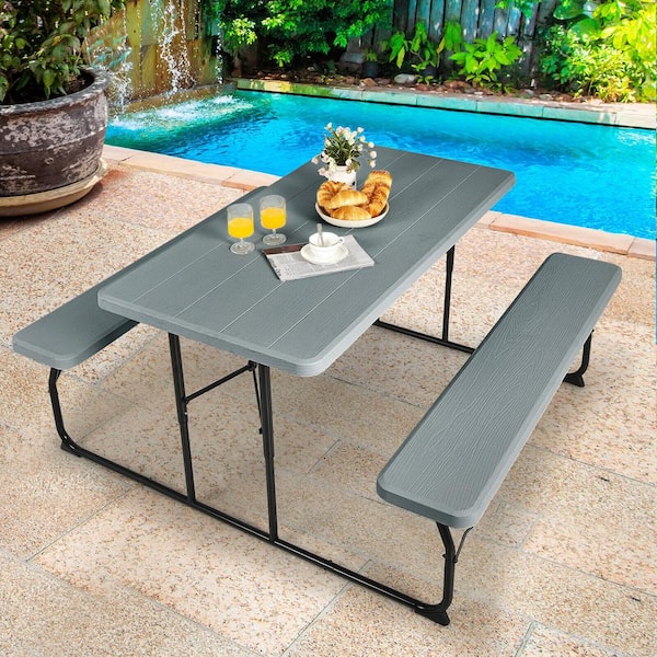 54 in. L Rectangular Metal HDPE Foldable Outdoor Picnic Table Bench Set, Gray