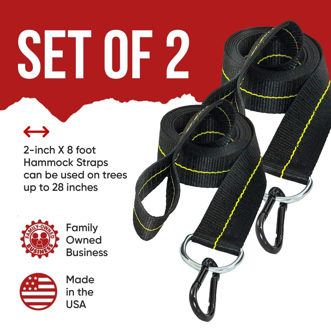 Hammock Straps - Tree Straps With Carabiner - 2 Inch X 8 Foot - Heavy Duty 4,000 lb Webbing - Hammock Tree Straps - Made in USA