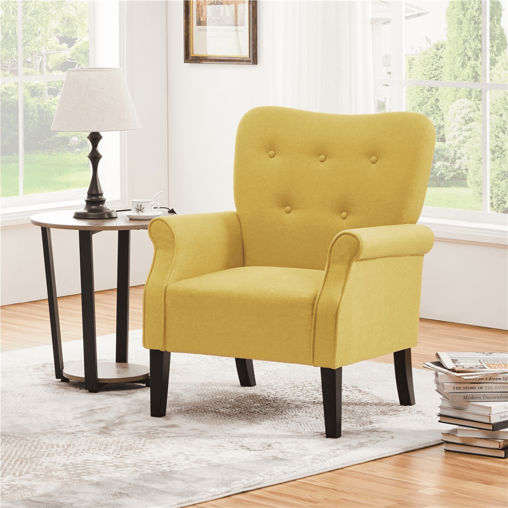 Topeakmart Modern Upholstered Accent Chair Roll Arm Single Sofa with Wooden Leg, Yellow
