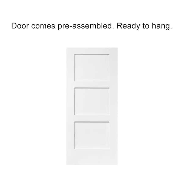 36 in. x 80 in. 3-Panel White Primed Composite MDF Equal Style Hollow Core Interior Door Slab For Pocket Door