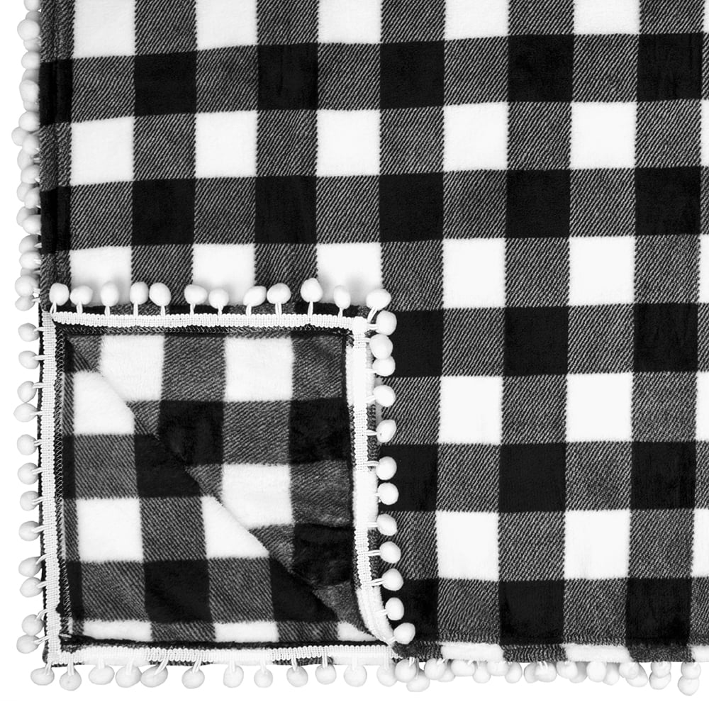 PAVILIA Fleece Throw Blanket with Pom Pom Fringe | Buffalo Plaid Checkered White, Black Flannel Throw | Super Soft Lightweight Microfiber Polyester | Plush, Fuzzy, Cozy | 50 x 60 Inches