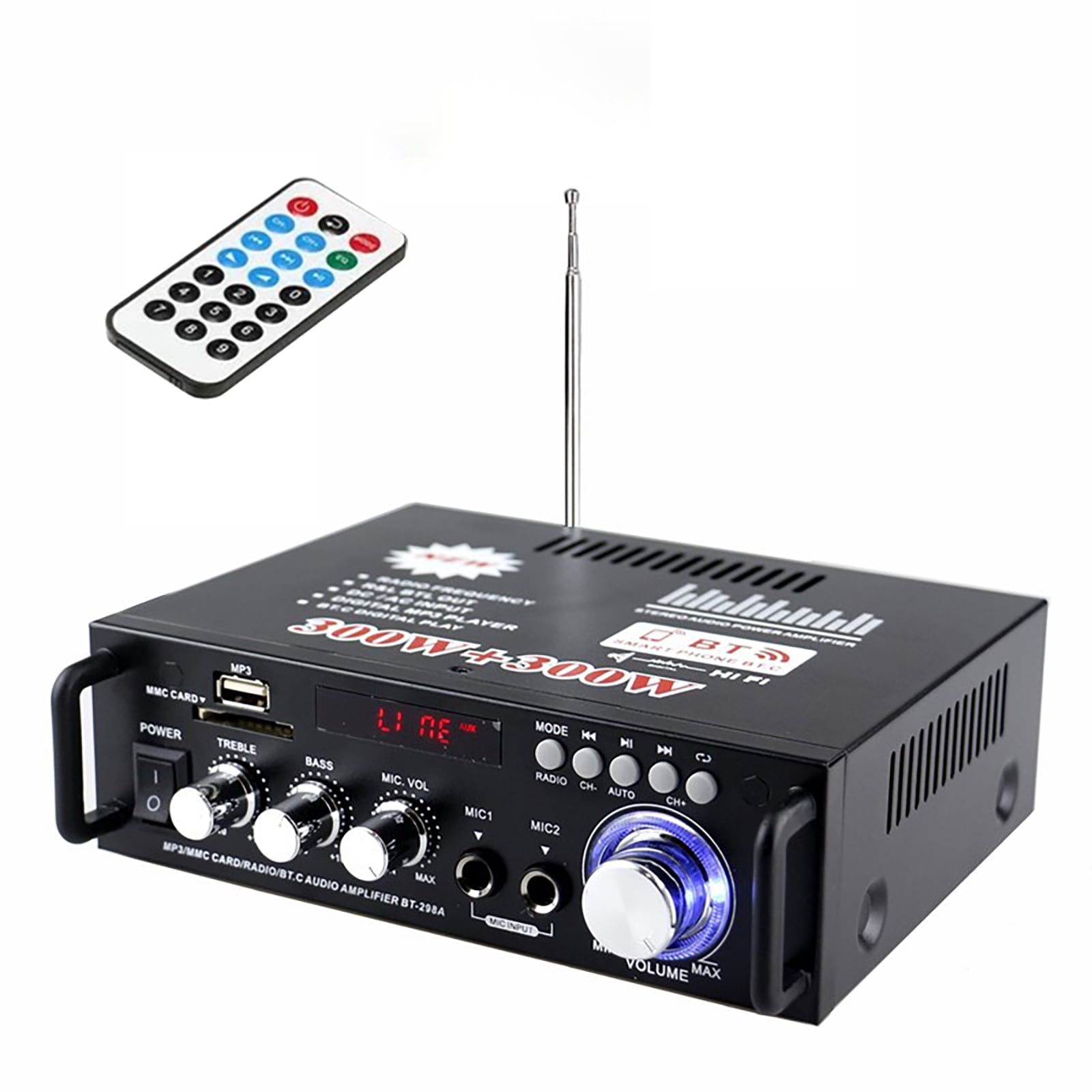 SOONHUA 600W Wireless Bluetooth 5.0 Stereo Audio Amplifier, with Bluetooth LCD Digital Display Stereo Receiver for Home Theater Speakers, Bass & Treble Control, USB/SD/RCA/MIC/FM in, Remote