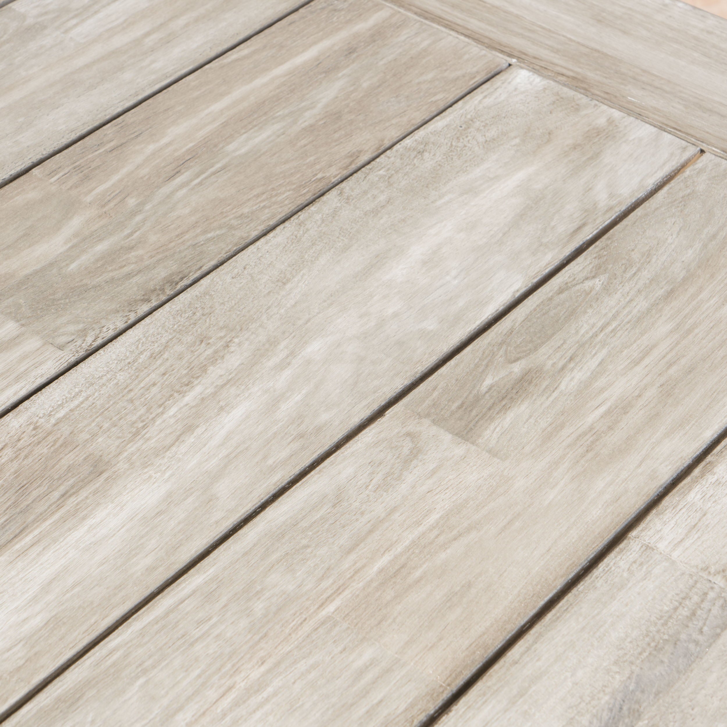 Anson Outdoor 6 Piece Stacking Wicker Dining Set with Acacia Wood Table and Bench, Sandblast Light Grey, Black Rustic Metal, Grey