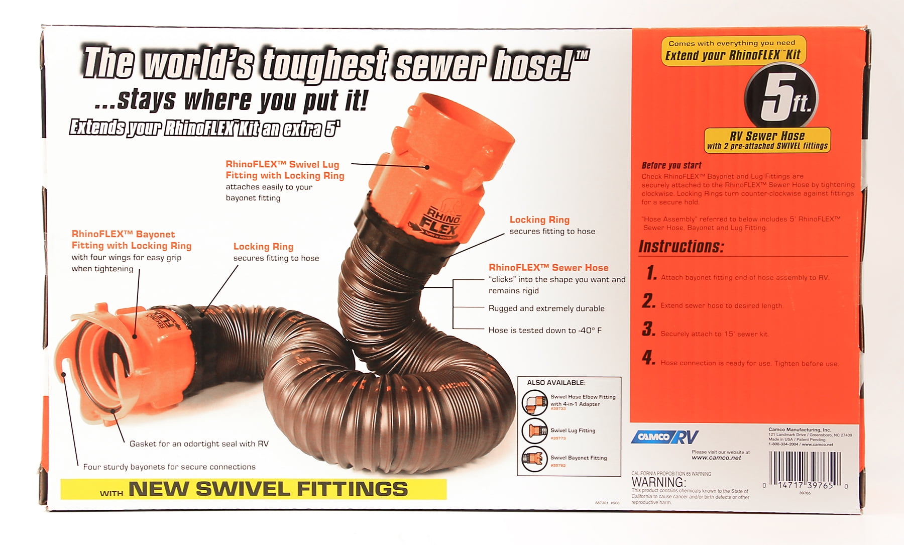 Camco 39765 RhinoFLEX 5' RV Sewer Hose Extension Kit with Swivel Fitting