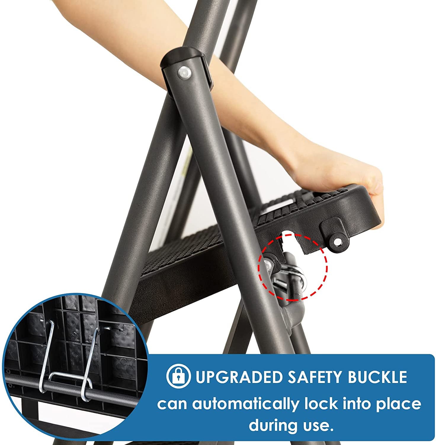 HBTower Folding 2-Step Stool Ladder, 500lbs, with Wide Anti-Slip Pedal and Steel Handgrip, Gray