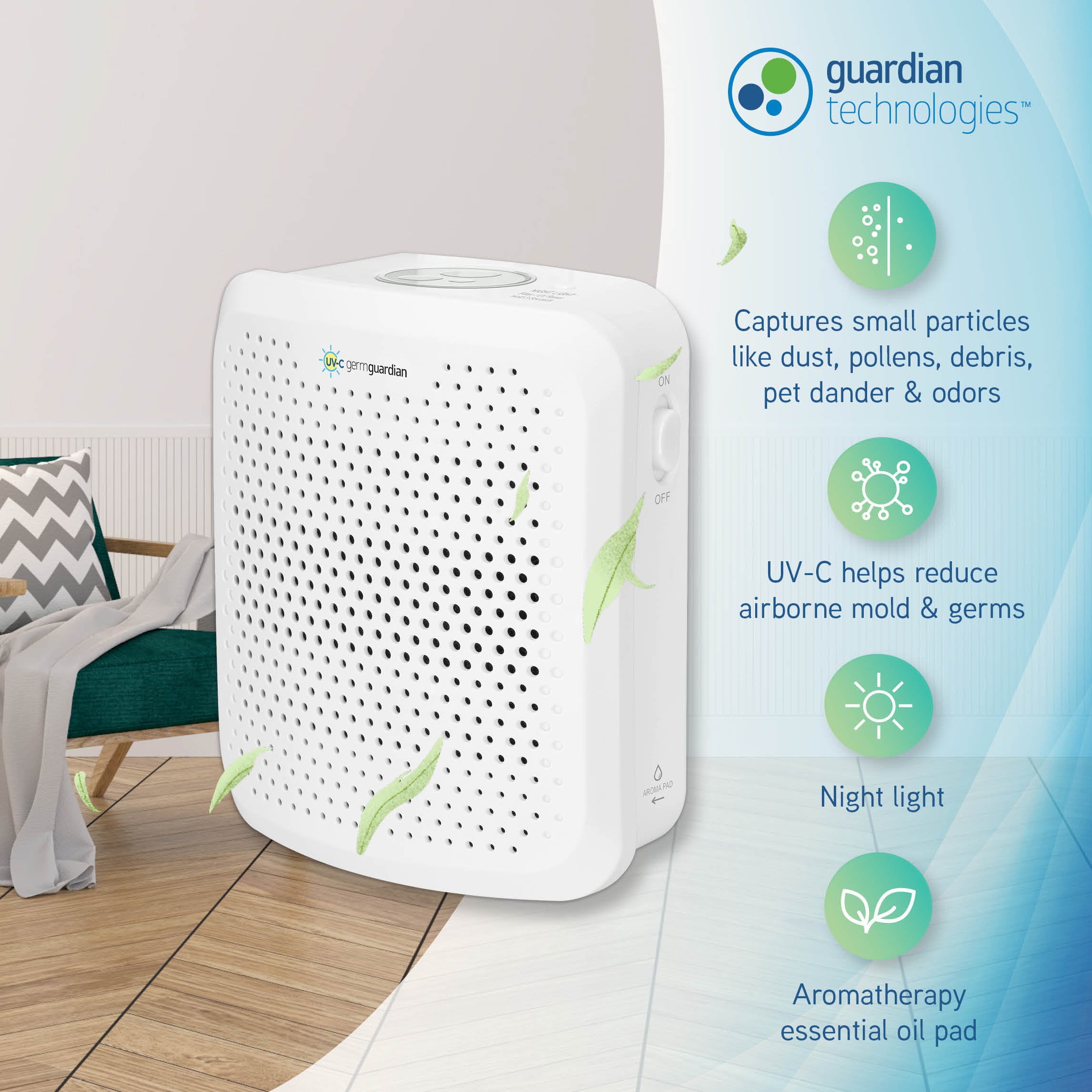 Germ Guardian AC225W UV-C Pluggable Air Purifier with UV-C Light and Nightlight