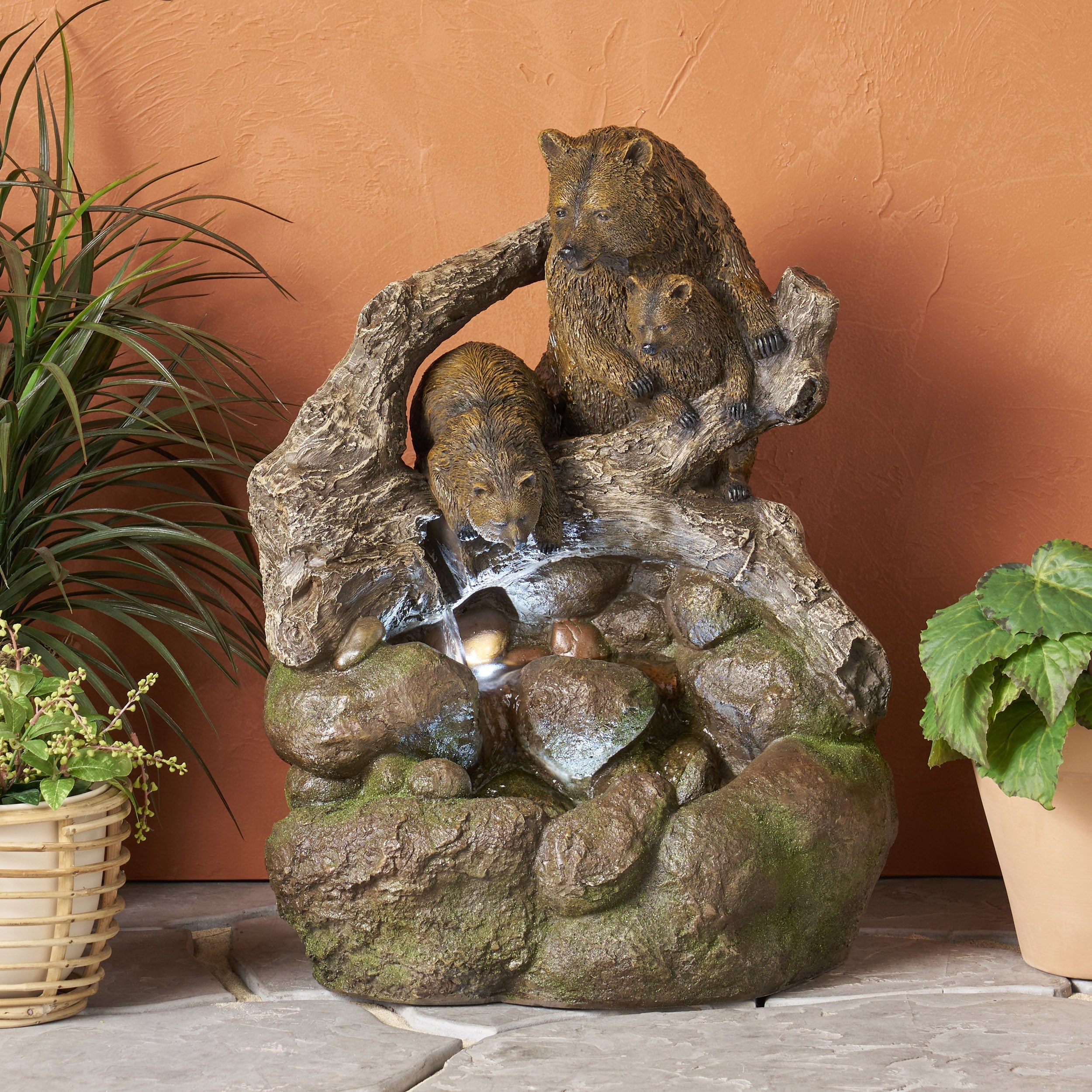 Adrian Outdoor Bear Family Fountain, Light Brown and Moss
