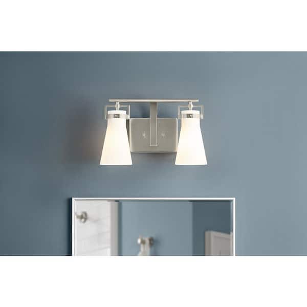 Clermont 14.75 in. 2-Light Brushed Nickel Bathroom Vanity Light with Milk Glass Shades
