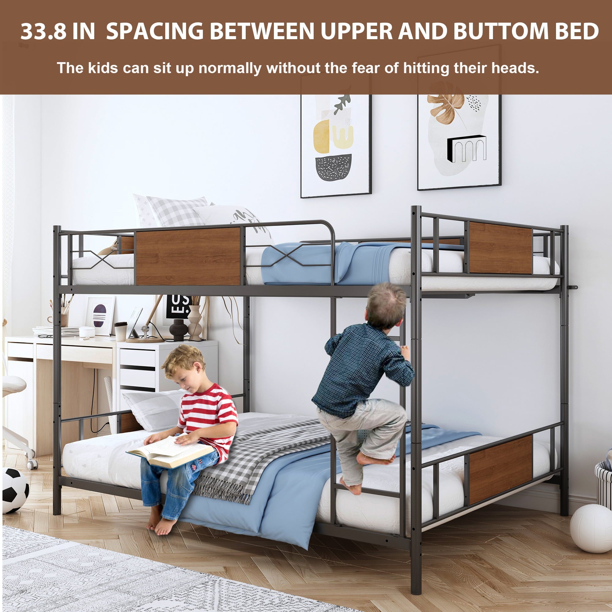 Full Over Full Metal Bunk Bed, HSUNNS Industrial Metal Low Bunk Bed for Kids Full Over Full, Modern Kids Convertible Bunkbed with Ladder, Guardrail, No Box Spring Need, Load-Bearing 400lb, Noise Free