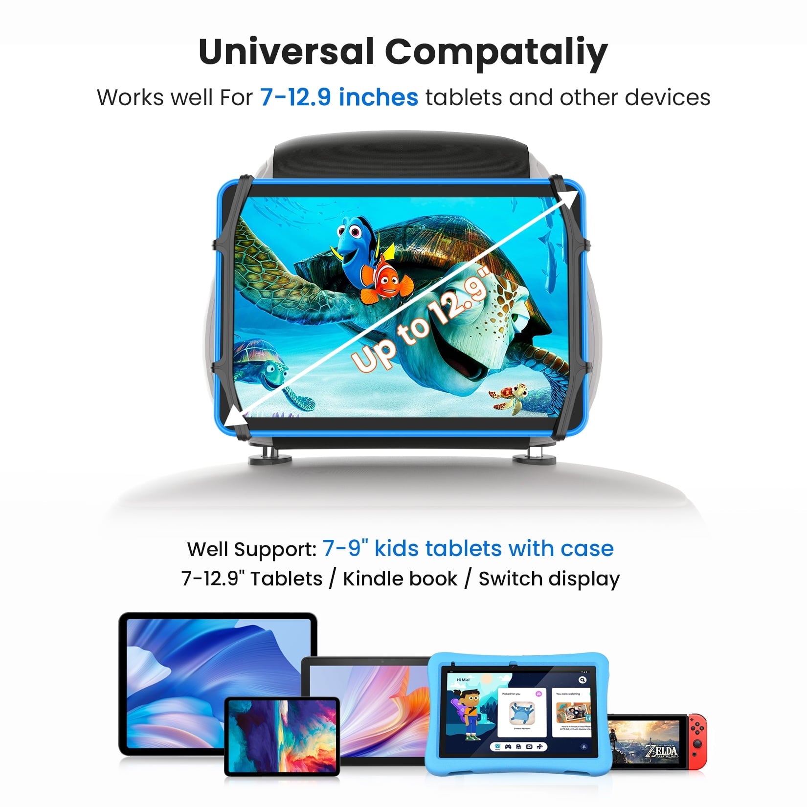 NUSICAN Car Headrest Mount Holder, Universal Back Seat Headrest Tablet Holder, Silicone Holder for Kids Tablet Stand, Anti Slip & Angle-Adjustable Holder Fits for 7-12.9'' Tablets iPad Pro Air