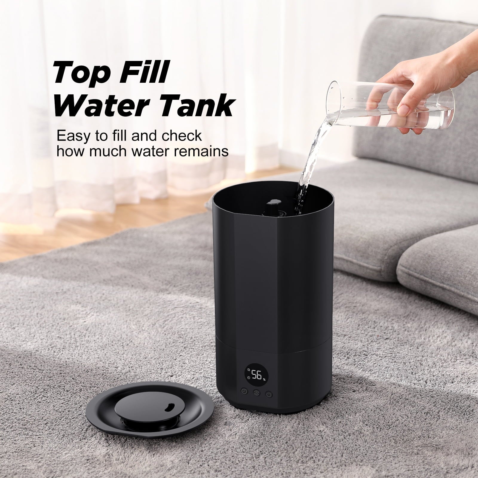 Homech Humidifier Top Fill(1 Gal/4L)Cool Mist Quiet Ultrasonic Air Humidifier with 12H Timer, AI Mode Adjustable 3 Mist Level, Black