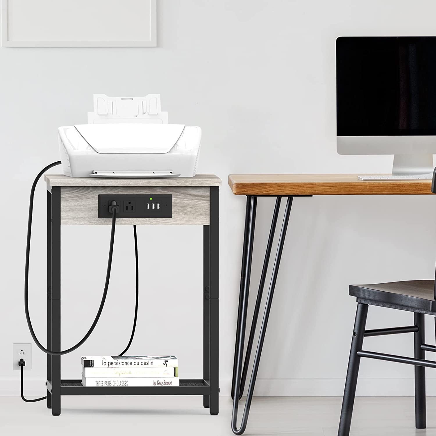 Nightstand End Table with Charging Station Gray, Set of 2