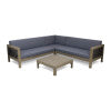 GDF Studio Allegra Outdoor Acacia Wood and Round Wicker 5 Seater Sectional Sofa Chat Set with Cushions, Teak and Beige
