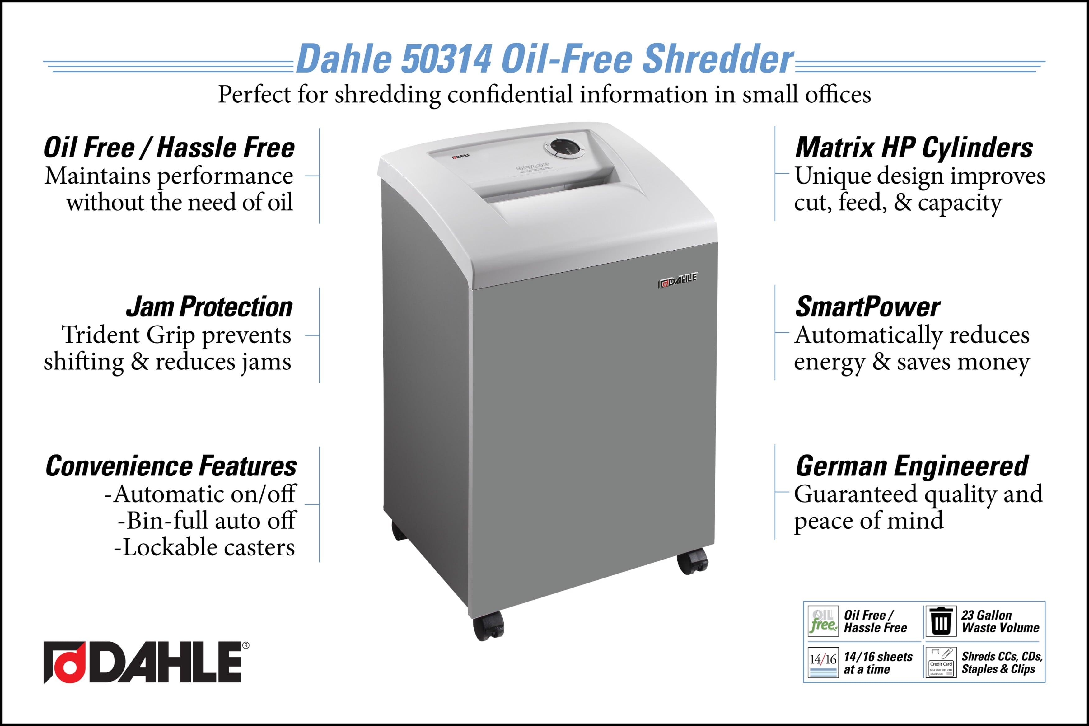 Dahle 50314 Oil-Free Paper Shredder w/Jam Protection, German Engineered, 16 Sheet Max, Level P-4