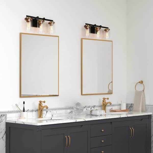 20 in. Modern 3-Light Black Vanity Light, Transitional Wall Light Straight Bar with Cylinder Clear Glass Shade