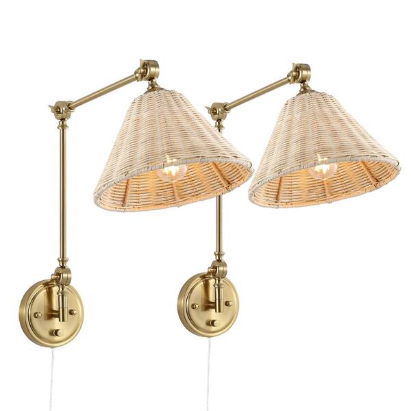 Brass with Rattan Lamp Shade Swing Arm Wall Lamp (Set of 2)