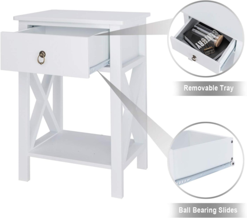 Bonnlo White Nightstand with Drawer and Shelf, Farmhouse Night Stands