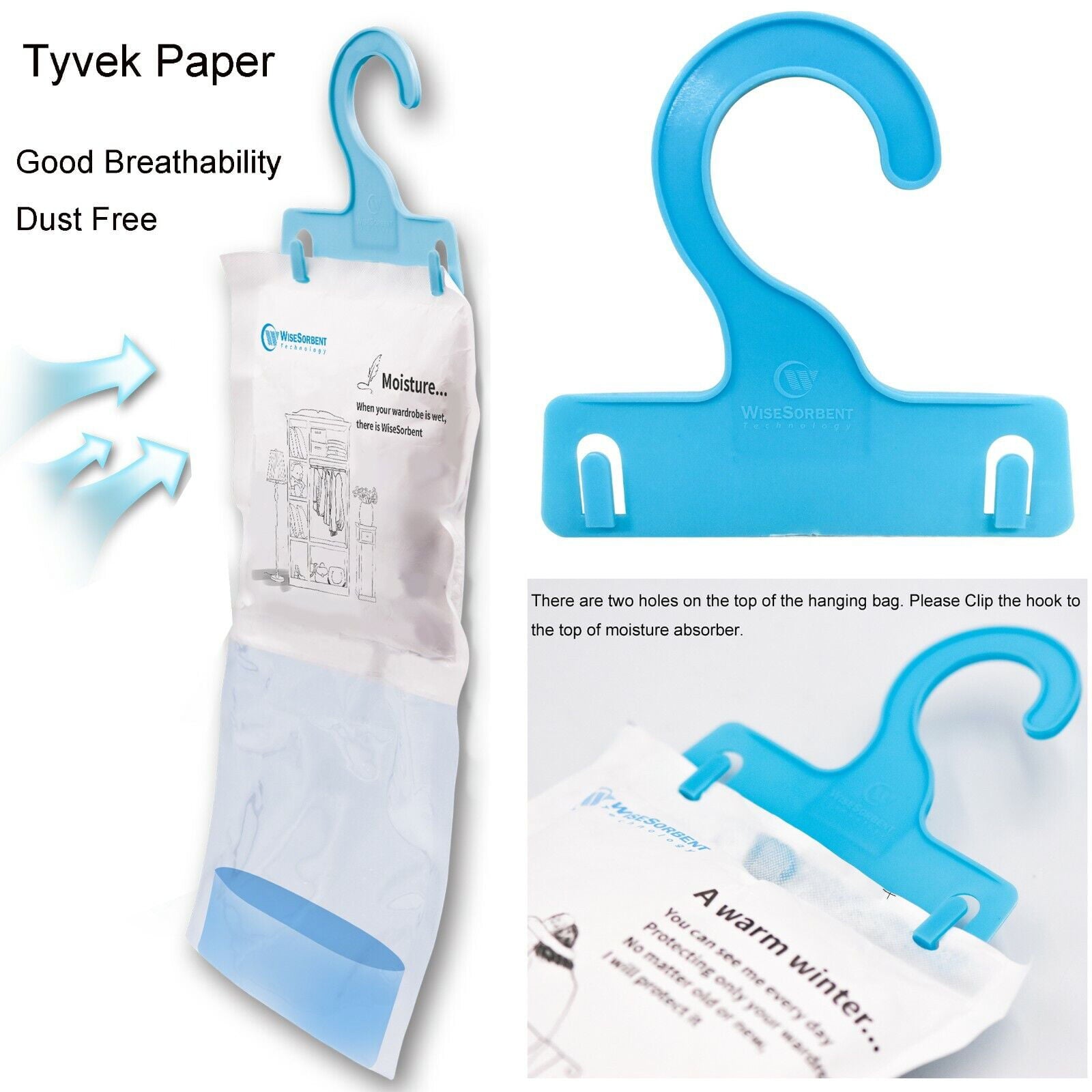 Wisesorb Moisture Absorber Refill Hanging Bags, 12 Pack (7 oz. ea.) of Tyvek Paper Moisture Absorber Packets with 6pcs Hooks, Humidity Packs, Hanging Closet Dehumidifier Bags