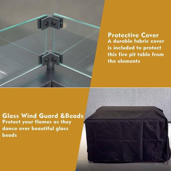 Dark Gray Rectangle Steel 43.31 in. 50000 BTU Propane Fire Pit Table with Glass Wind Guard and ETL-Certified