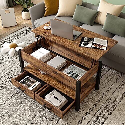 Lift Top Coffee Table, Coffee Table with Storage Drawers and Adjustable Metal...