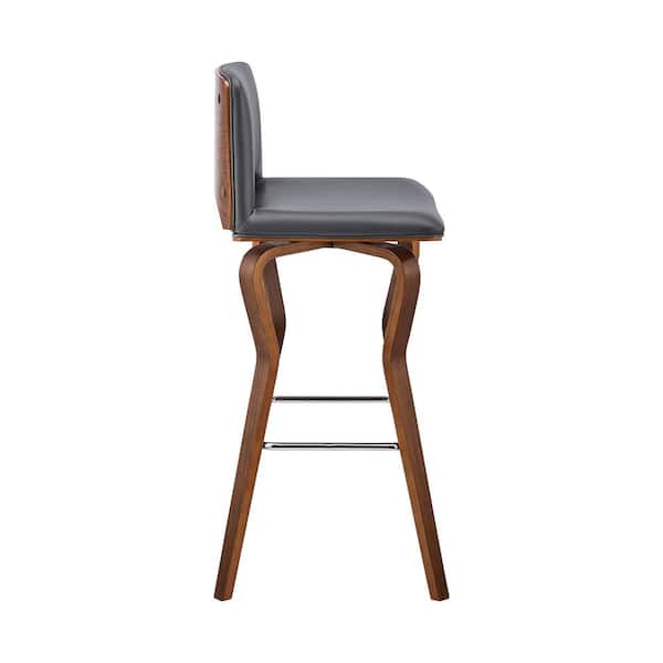 Gerty 26 in. Counter Height Low Back Swivel Grey Faux Leather Walnut Wood Bar Stool