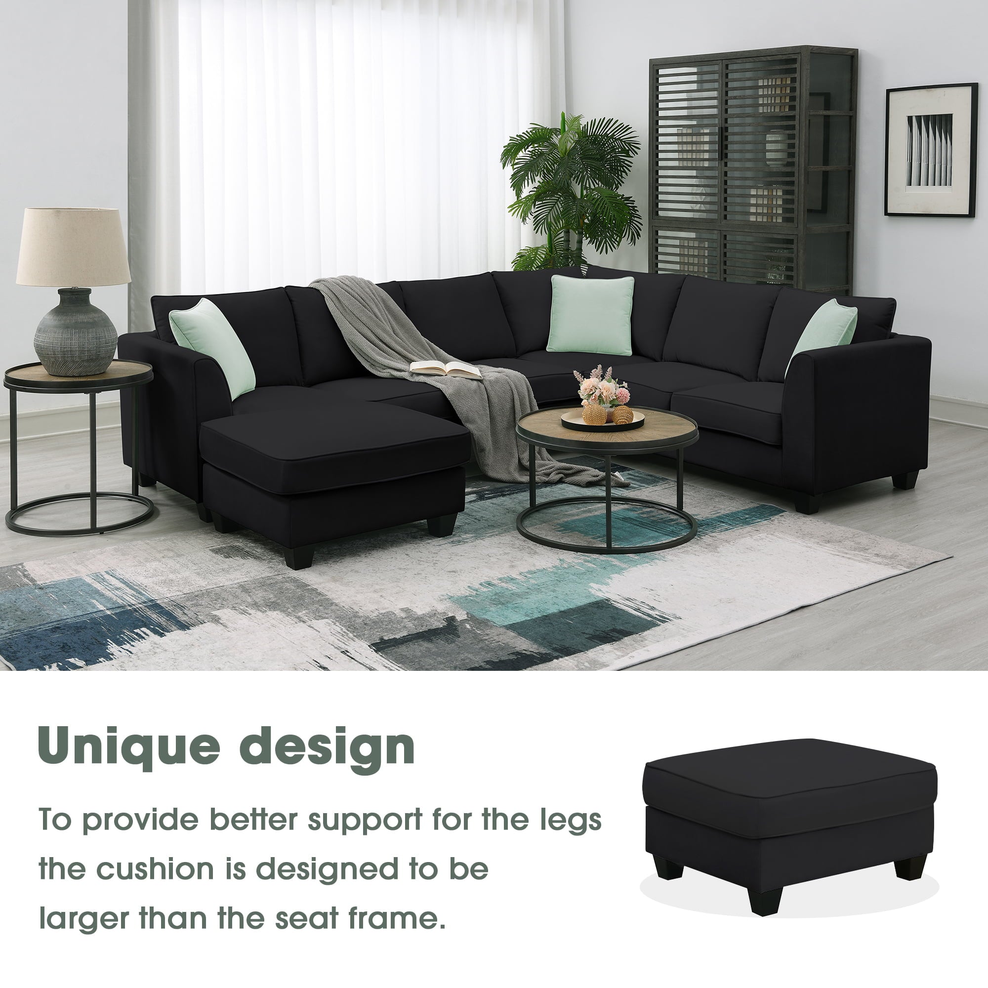 L-Shaped Modular Sectional Couch, KAMIDA 7-Seater Sectional Couch with Ottoman and 3 Pillows, Modern L-Shaped Fabric Upholstered Couch Furniture, Heavy Duty Sectional Couch for Living Room, Black