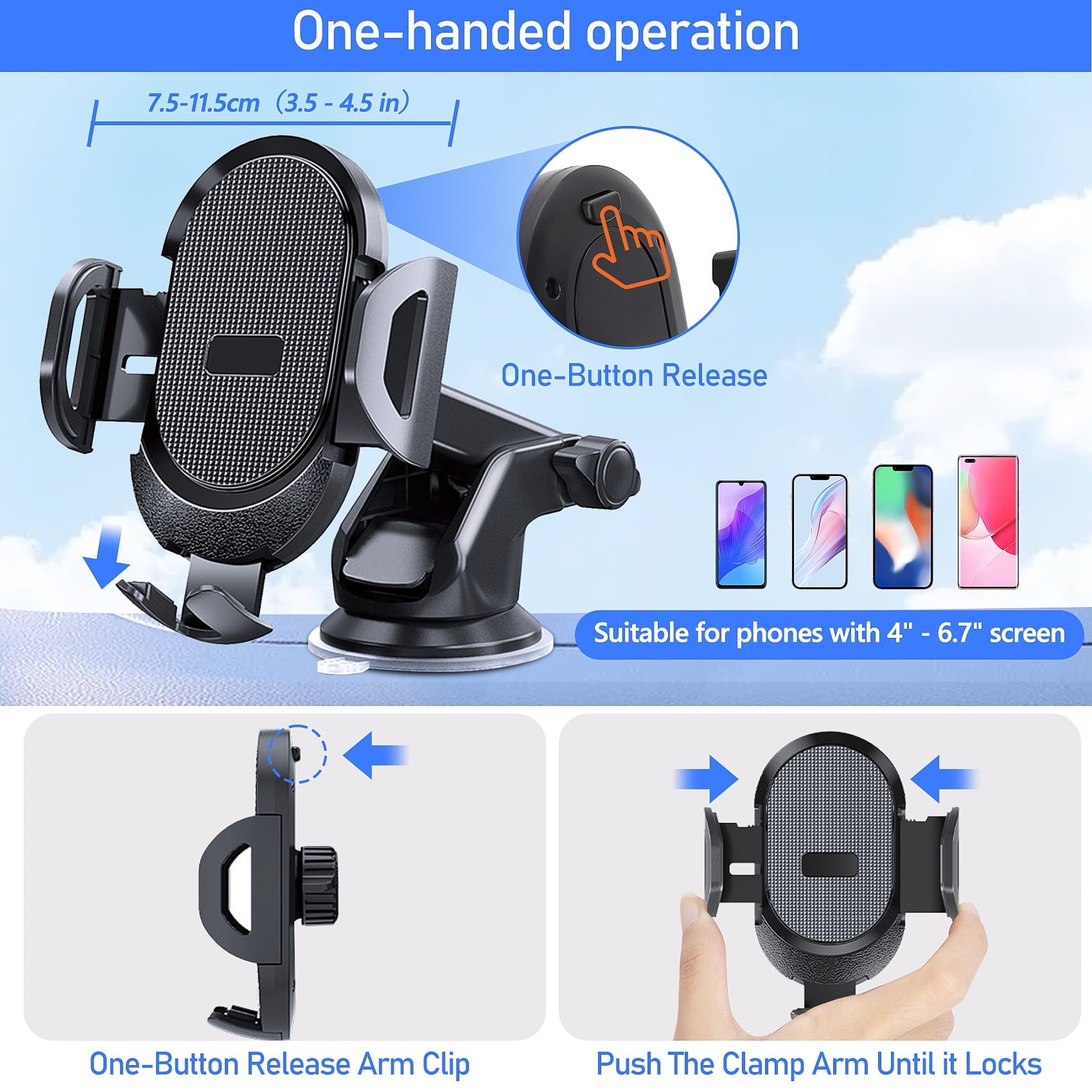 Huryfox Car Phone Holder Universal Mobile Mount for Vehicle, Smartphone Stand on Dashboard, Windshield, Vent, Automobile Cradle Compatible with iPhone, Android Phone