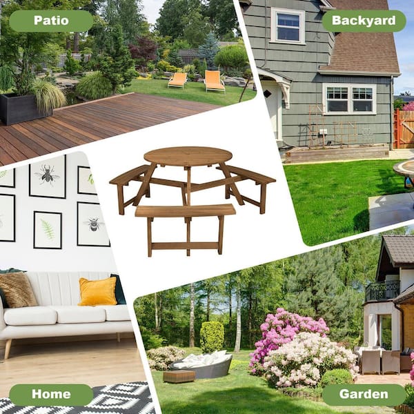 65 in. Dia 6-Person Round Wooden Picnic Table with Umbrella Hole and 3 Built-in Benches