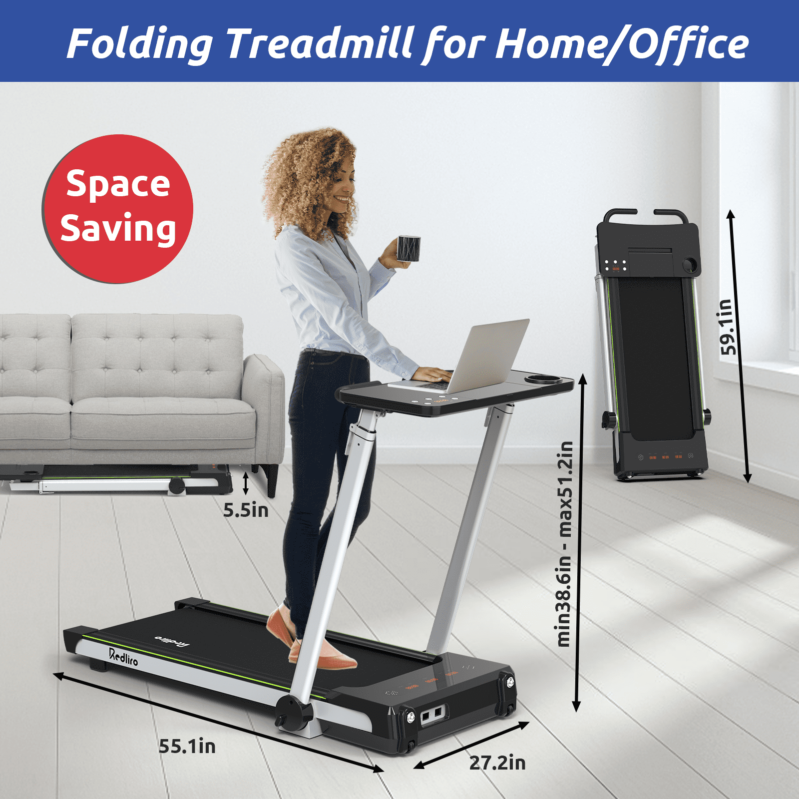 Redliro Folding Treadmills with Desk Adjustable Height 265LBS 2.25HP Walking Machine for Home Office