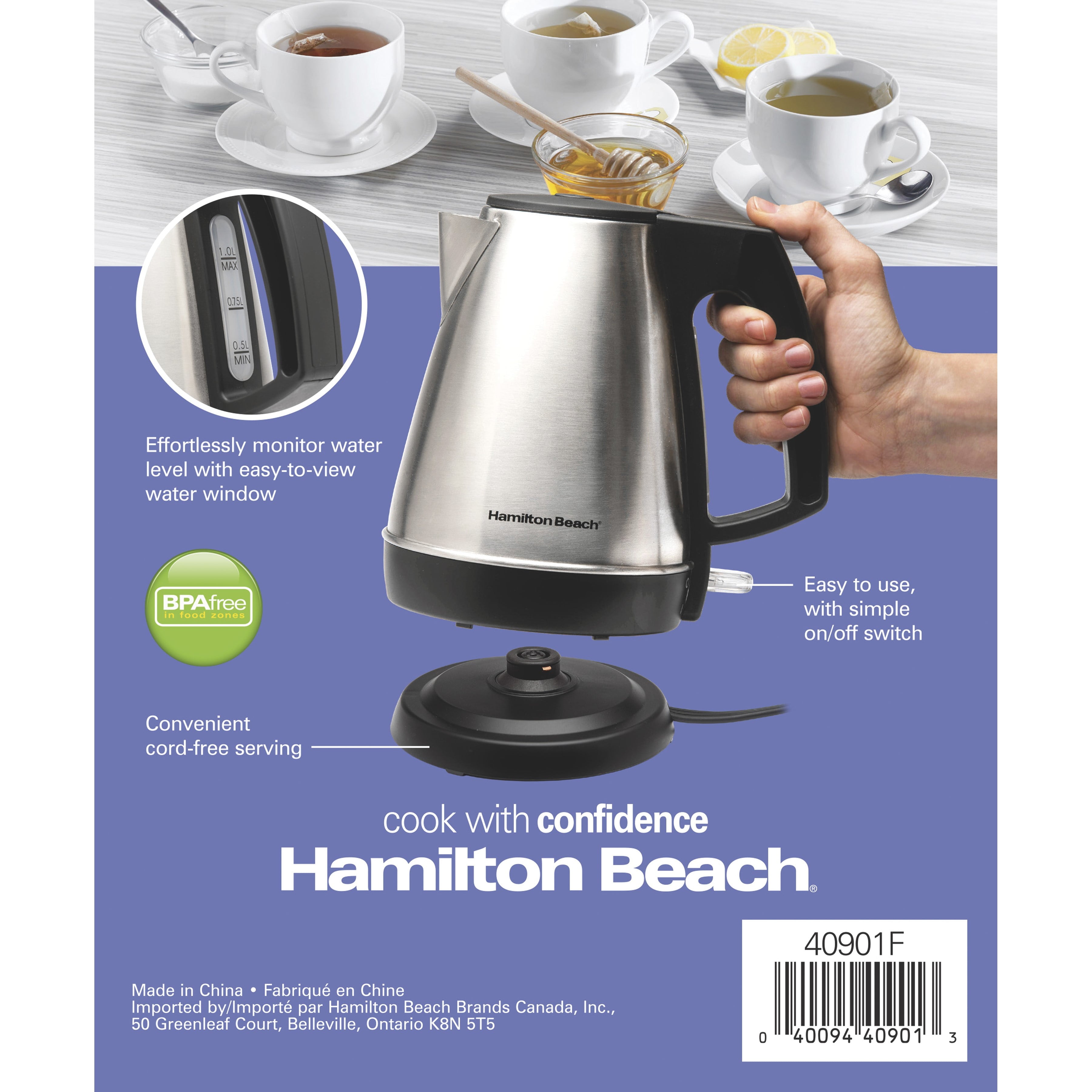 Hamilton Beach 1 Liter Electric Kettle, Stainless Steel and Black, New, 40901F