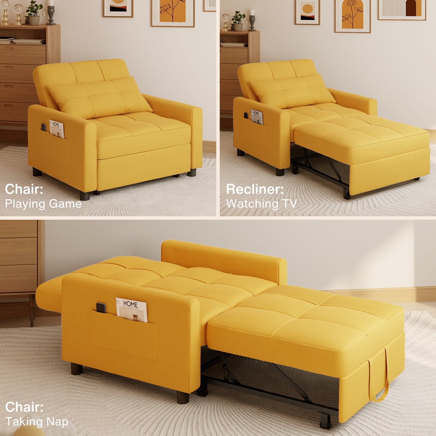 Chair Bed, Lofka Single Recliner Convertible Sofa Bed, 400lbs, Yellow