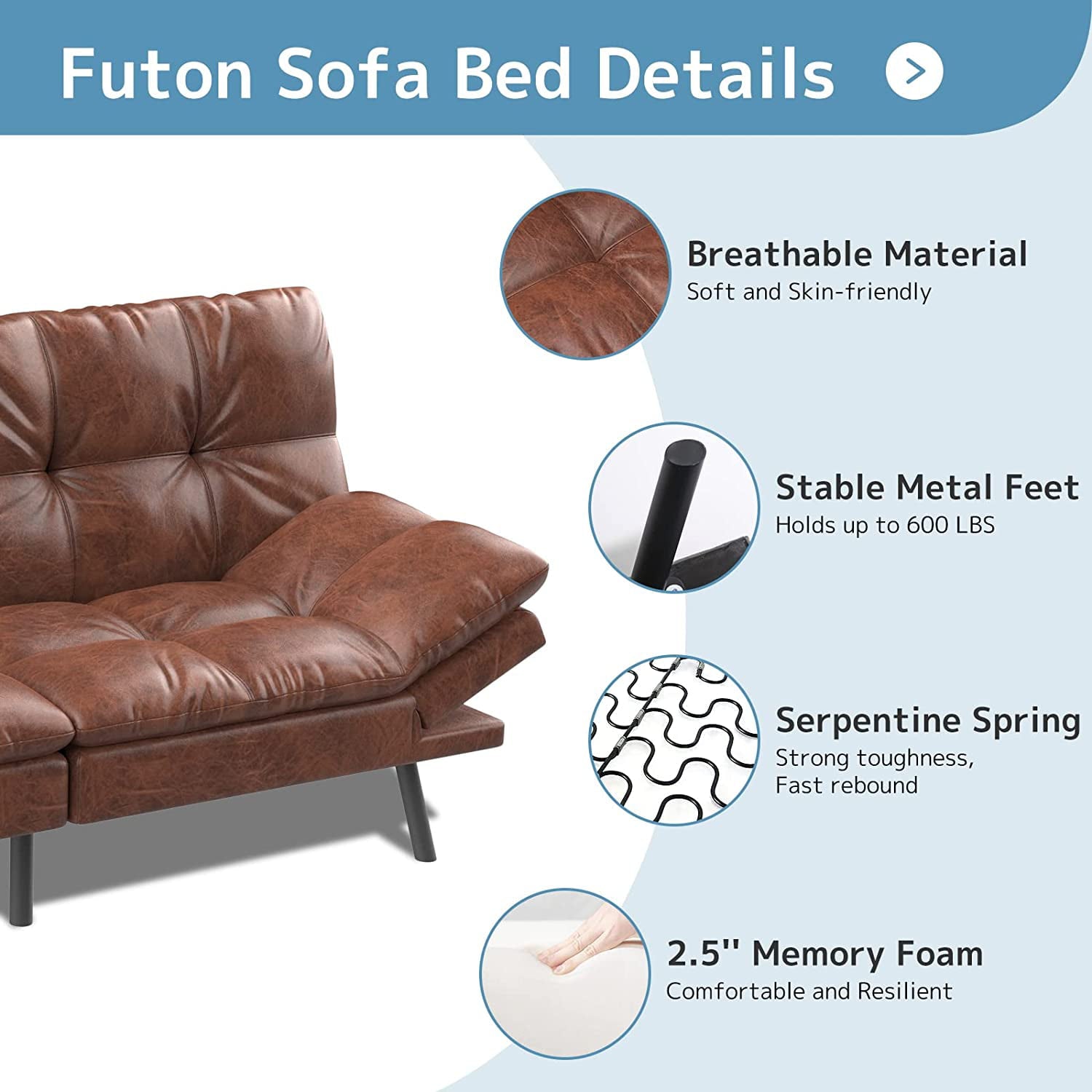 Convertible Futon Sofa Bed, Modern Sleeper Sofa, Brown