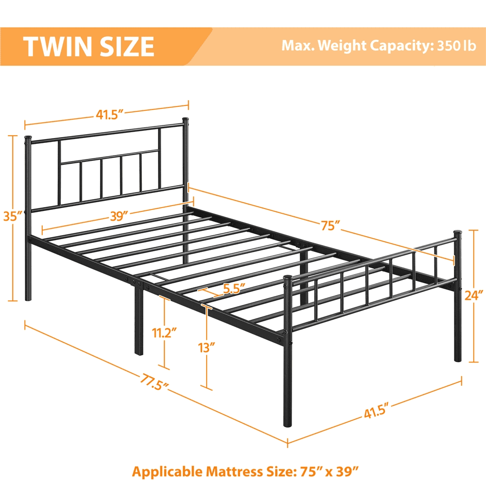 SMILE MART Modern Spindle Headboard & Footboard Metal Twin Bed, Black