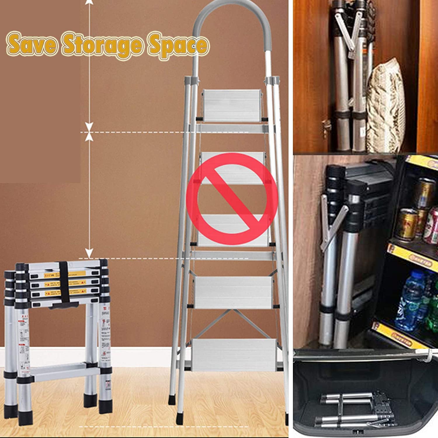 Thicken Aluminum Extension Step Ladder Folding Telescopic Ladder Telescoping Ladders 1.7M - 2M, Extra Wide Steps and Anti-Slip feet Ladder (5+6 Step)
