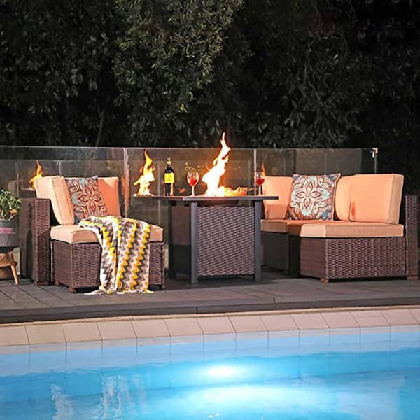 30 inch Brown Rectangular Metal Outdoor Fire Pit Table with Lid 50,000 BTU Rattan Look