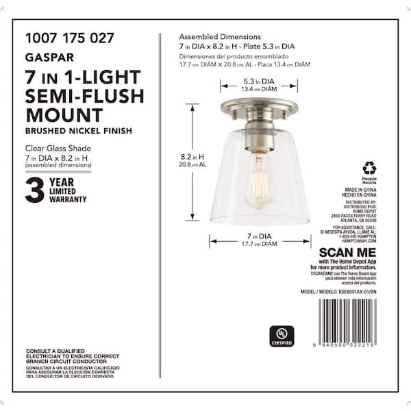 Gaspar 7 in. Brushed Nickel Flush Mount Clear Glass